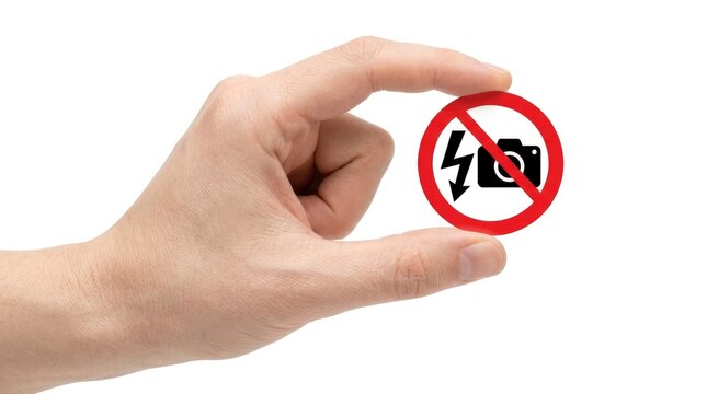 Hand holding a no flash photography sign isolated on white