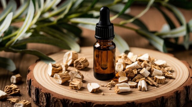 Brown glass dropper bottle with liquid sits on wood slice surrounded by dried marshmallow root pieces. Green leaves blur in background. Natural herbal remedy preparation.