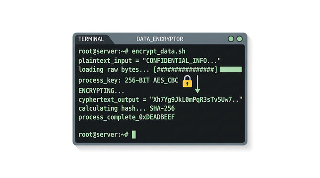 Computer terminal window displaying data encryption process text and lock icon on white background with software interface window