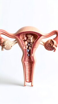 Uterus model displaying many cysts in one ovary, illustrating polycystic ovary syndrome