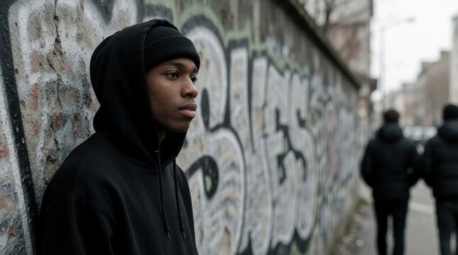 Young Black man wears black hoodie and beanie, leans on graffiti wall. Two figures walk past in blurred urban background. Serious expression.