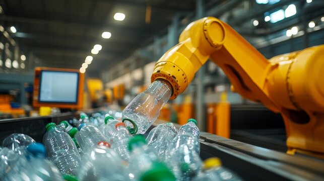 Automated Recycling Plant: A yellow robotic arm sorts plastic bottles on a conveyor belt in a modern recycling facility, highlighting the efficiency of industrial automation.