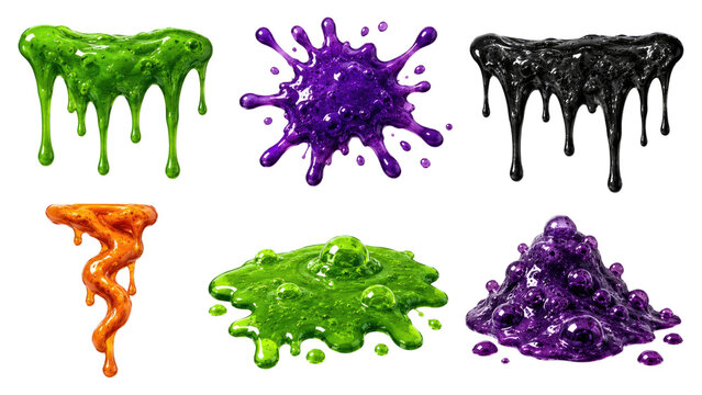 Colorful glossy slime drips, splats, blobs and puddles in green, purple, black and orange