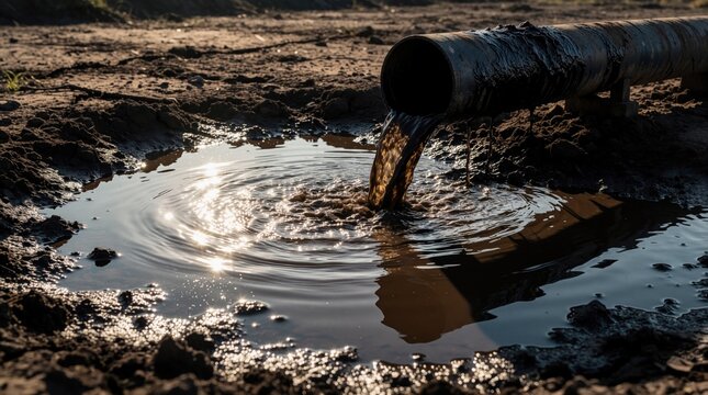 Industrial pipe pollutes muddy ground with dirty water. Toxic liquid flows into puddle creating ripples. Contamination affects dry earth and environment.