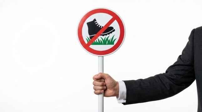 Hand in suit sleeve holding a keep off the grass sign