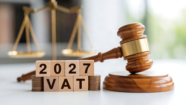 Wooden gavel striking 2027 VAT tax block on modern desk setup