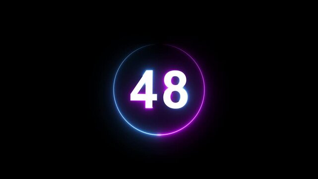 A dynamic circular animation, and glowing count neon number 48 animation . on a black background. and creating a stunning 4k video.
