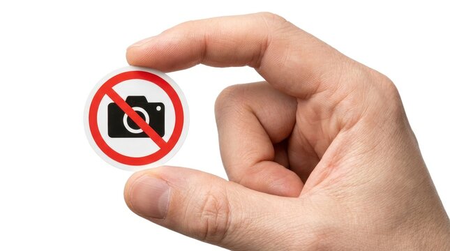 Human hand holding a circular no photography prohibition sign sticker