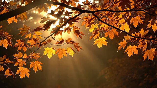 Arching maple limbs hold scattered amber foliage above a shadowed woodland while radiant sunbeams descend through the open canopy, shaping a tranquil fall scene with luminous depth and gentle haze