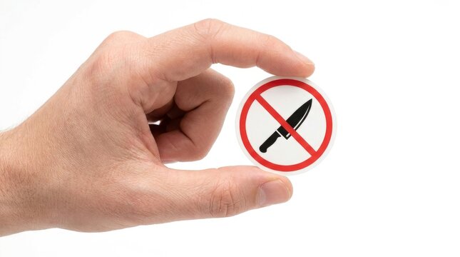 Hand holding a circular sticker with a no knife prohibition symbol