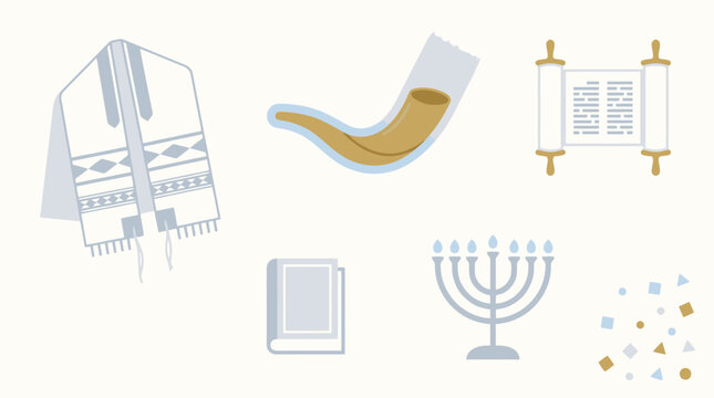 Jewish symbols set including tallit shofar torah book menorah and sparkles. EPS Editable