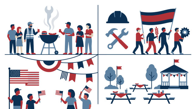 Labor Day celebration vector illustration with workers and flags. EPS Editable