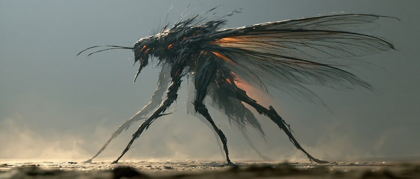 Monstrous insectoid creature with large translucent wings and thorny legs prowls across a desolate dusty ground.