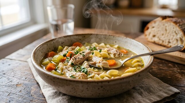 Warm Homemade Chicken Noodle Soup in a Ceramic Bowl