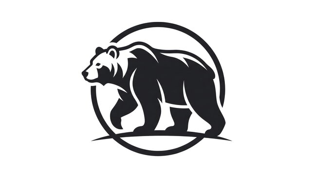 Grizzly bear walking silhouette logo design enclosed in a circular frame badge isolated on a white background