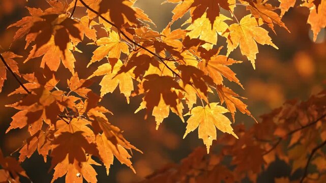 A clustered spray of maple leaves glows with ochre, copper, and honey tones against creamy woodland bokeh, revealing crisp pointed forms and translucent detail in mellow late season sunlight