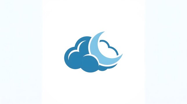 Minimalist vector illustration of a crescent moon nested within stylized blue clouds