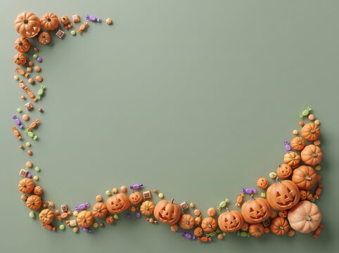 Halloween L shaped border with pumpkins and candy on sage green background 