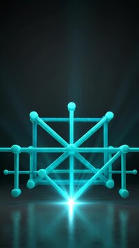 Glowing Cyan Geometric 3d Structure Rotating in Dark Space