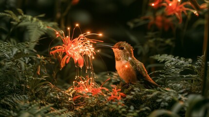 Fototapeta premium Hummingbird Feeding from Red Flowers in a Dark Garden