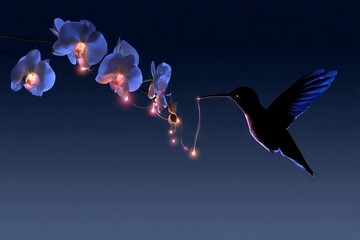 Fototapeta premium Silhouetted Hummingbird and Orchid Lights at Night