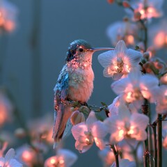 Fototapeta premium Tiny Hummingbird Among Glowing Pink Blossoms