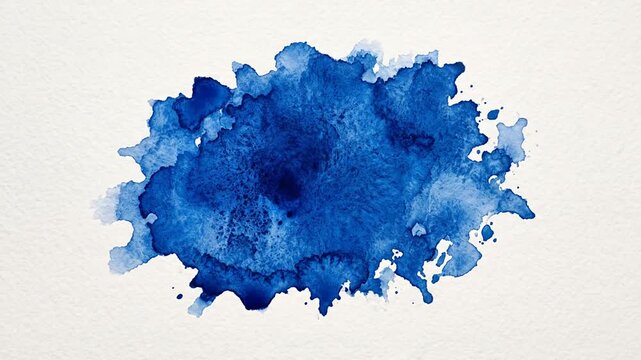 Vibrant blue watercolor paint bleed blooming on textured white paper