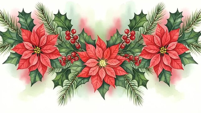 Watercolor Christmas garland with red poinsettia flowers, holly leaves, and pine branches shimmering on a white background.