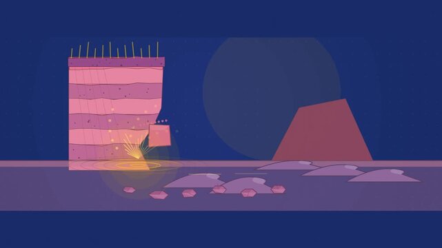 Abstract animated cliff retreating under coastal erosion drawn as blue and cyan lines and shapes on a deep dark background. Seamless looping 4K motion graphics video with free space for text, ideal fo