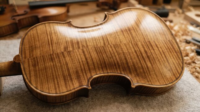 Closeup of a handcrafted wooden violin back