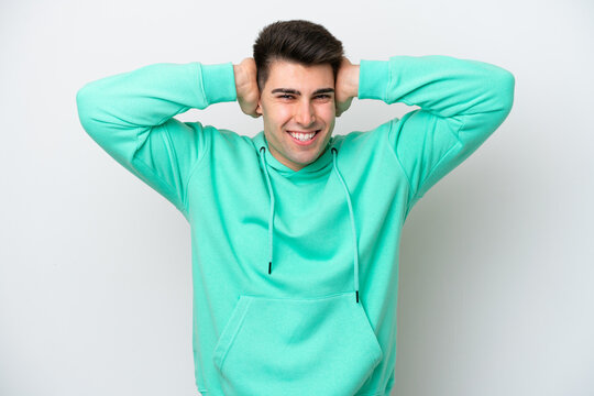 Young caucasian man isolated on white background doing nervous gesture