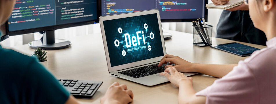 Decentralized finance or DeFi concept on brisk computer screen . The defi system give new choice of investment and money saving .