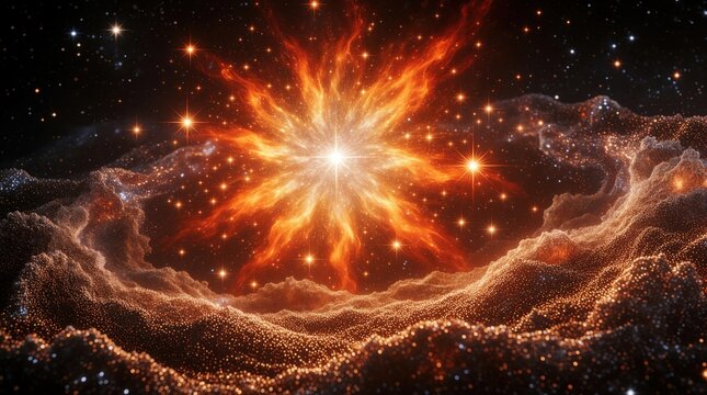 Vibrant orange starburst glows in dark deep space. Fiery cosmic explosion bursts through golden nebula clouds. Bright shining stars scatter across galaxy background. Magical supernova light shines