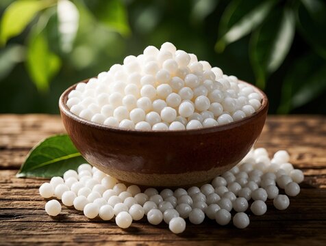 White tapioca pearls fill a brown bowl resting on a wooden table. Some pearls spill out onto the surface. Blurred green leaves form the background.