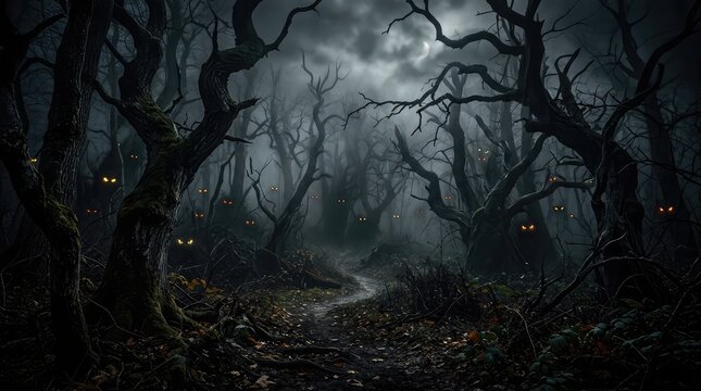 Spooky dark forest with glowing eyes in mist