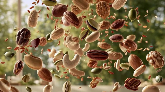 Mixed nuts and seeds flying through the air in slow motion with almonds, cashews, walnuts and pistachios in a dynamic healthy food explosion