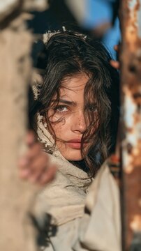 Female refugee peeking cautiously through ruined structure wreckage with a scarf wrapped around her head.