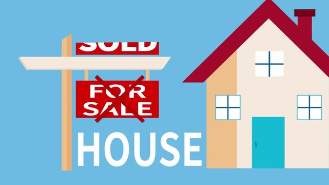 Animated house for sale sign changing to sold Real Estate and Housing Concept 
