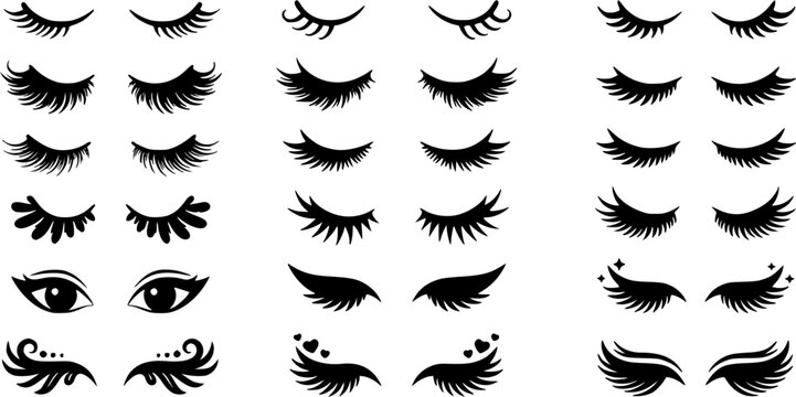 Black cartoon eyelashes vector collection, cute feminine eye lash illustrations, beauty clipart and decorative makeup design elements isolated on white background