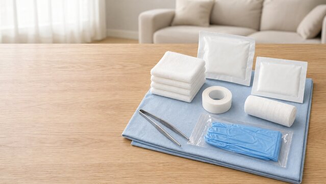 Home Wound Care Supplies and Dressing Kit Arranged on Table with Copy Space