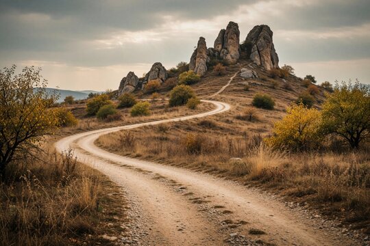 A winding dirt path leads up a dry grassy hill towards rocky crags under a cloudy sky. Autumn trees with yellow leaves dot the landscape. Remote natural setting.