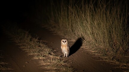 Naklejka premium Barn owl stands on dirt road at night. Tall grass borders path, spotlight illuminates bird. Wildlife photography captures nocturnal creature in natural habitat.