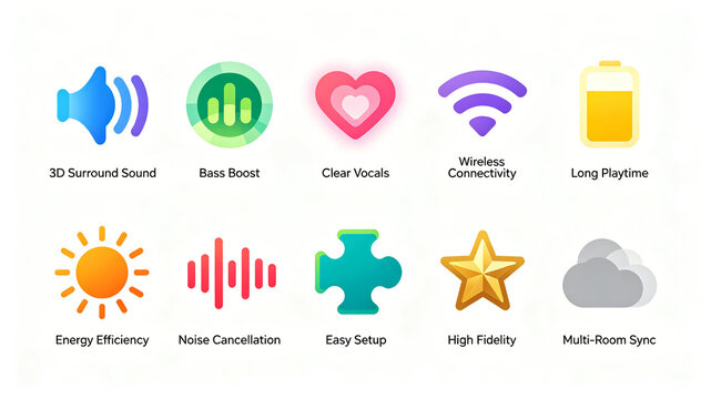 Soft gradient multimedia device icon group, representing the concept of surround sound, long-lasting noise reduction, suitable for digital detail pages and smart device promotion images.
