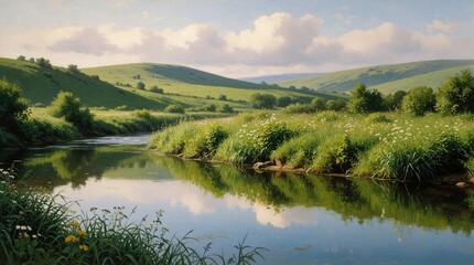 Fototapeta premium Gentle river flows past green grassy banks dotted with wildflowers. Soft daylight illuminates rolling hills under a cloudy sky, creating peaceful reflections on water surface.