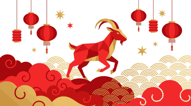 Red and gold geometric goat jumping among chinese lanterns and clouds
