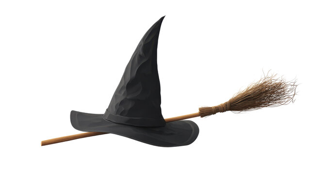 Black Pointed Witch Hat With Wooden Broomstick Halloween Costume Accessory For Witchcraft Magic Party Decoration Concept Isolated on White background