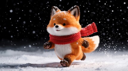 Naklejka premium Cartoon fox runs through falling snow at night. Cute woodland animal wears red scarf moves playfully in dark setting. Whimsical forest creature enjoying winter fun.