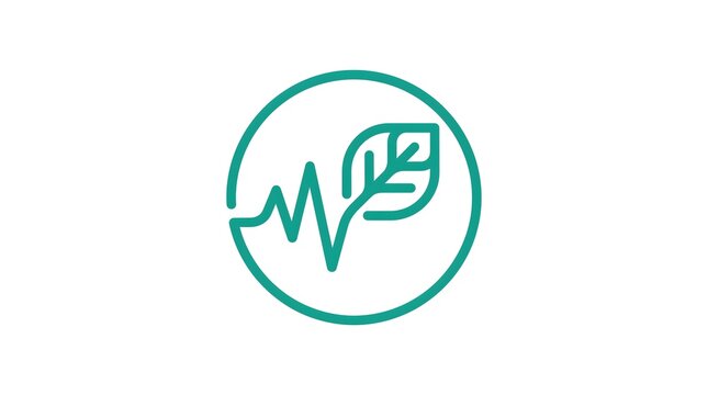 Minimalist green line vector icon combining a heartbeat pulse ekg line and a leaf inside a circle