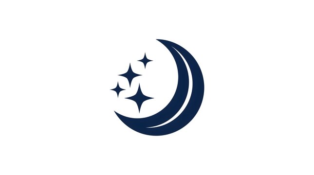 A minimalist vector illustration of a dark blue crescent moon combined with four sparkling four-point stars, perfect for night, sleep, or celestial brand identity