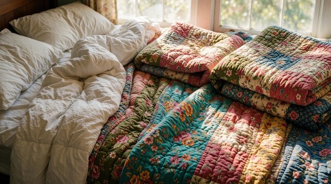Untidy bed with white sheets and crumpled duvet. Colorful floral patchwork quilts folded neatly on mattress. Bright room with natural sunlit window.